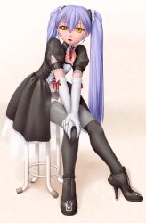 Rule 34 | 1girl, ^jj^, black dress, black thighhighs, blue hair, blush, dress, elbow gloves, frilled dress, frills, gloves, gothic lolita, hands on own thighs, highres, hoshino ruri, juliet sleeves, kidou senkan nadesico, lolita fashion, long hair, long sleeves, looking at viewer, puffy sleeves, solo, thighhighs, twintails, white gloves, yellow eyes