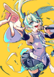 Rule 34 | 1girl, aqua eyes, aqua hair, arm up, black thighhighs, breasts, hatsune miku, highres, looking at viewer, microphone, miniskirt, shirt, simple background, skirt, sleeveless, sleeveless shirt, small breasts, solo, thighhighs, twintails, vocaloid, white shirt, yellow background, yoruhachi