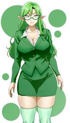 Rule 34 | 1girl, absurdres, borrowed character, breasts, cleavage, commentary, commission, english commentary, formal, glasses, green-framed eyewear, green eyes, green hair, green skirt, green suit, green thighhighs, highres, large breasts, long hair, long sleeves, looking at viewer, office lady, original, pencil skirt, pointy ears, sado art, skindentation, skirt, solo, standing, suit, thighhighs