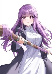 Rule 34 | 1girl, :&lt;, absurdres, black robe, blunt bangs, blush, breasts, collar, dress, fern (sousou no frieren), frilled collar, frills, highres, holding, holding wand, long hair, long sleeves, looking at viewer, medium breasts, open mouth, purple eyes, purple hair, purple ribbon, ribbon, robe, simple background, solo, sousou no frieren, triangle mouth, wand, white background, white dress, yw