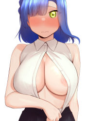 Rule 34 | 1girl, arm at side, bare arms, bare shoulders, black skirt, blue hair, blunt bangs, blush, braid, breasts, cleavage, closed mouth, collared shirt, commentary request, hair over one eye, idolmaster, idolmaster million live!, kurozako, large breasts, looking at viewer, medium hair, nanao yuriko, nipple slip, nipples, no bra, nose blush, one eye covered, partially unbuttoned, shirt, shirt tucked in, simple background, single braid, skirt, sleeveless, sleeveless shirt, solo, standing, upper body, wavy mouth, white background, white shirt, yellow eyes