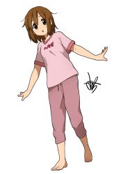 Rule 34 | 1girl, :o, barefoot, brown eyes, commentary request, full body, highres, hirasawa yui, k-on!, kicchi (tmgk), looking at viewer, messy hair, pants, parted lips, pink pants, pink shirt, shirt, short hair, short sleeves, signature, simple background, solo, standing, t-shirt, white background