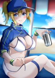 Rule 34 | 1girl, absurdres, ahoge, artoria pendragon (fate), bad id, bad pixiv id, baseball cap, beer can, bikini, blonde hair, blue eyes, blue hat, blue jacket, blush, breasts, can, cleavage, cropped jacket, drink can, fate/grand order, fate (series), hair between eyes, hair through headwear, hat, highres, jacket, large breasts, len (hand linke), long hair, long sleeves, looking at viewer, mysterious heroine x (fate), mysterious heroine xx (fate), ponytail, shrug (clothing), sidelocks, sitting, smile, solo, swimsuit, thighs, white bikini, wristband
