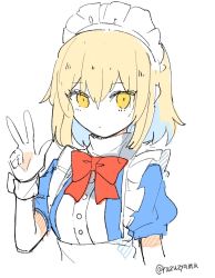 Rule 34 | 1girl, blonde hair, blue dress, buttons, commentary request, dress, eyelashes, frilled dress, frills, gesture, highres, maid, maid headdress, mugetsu (touhou), puffy short sleeves, puffy sleeves, razuzyamu, short hair, short sleeves, simple background, touhou, touhou (pc-98), v, white background, wrist cuffs, yellow eyes