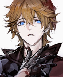 Rule 34 | 1boy, black gloves, blood, blood on clothes, blue eyes, danhu, earrings, genshin impact, gloves, hair between eyes, hand up, highres, jacket, jewelry, looking at viewer, male focus, mask, mask on head, orange hair, parted lips, portrait, red jacket, short hair, signature, simple background, single earring, sketch, solo, tartaglia (genshin impact), white background