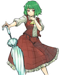 Rule 34 | 1girl, ascot, bright pupils, closed mouth, collared shirt, ginnkei, green hair, highres, kazami yuuka, long sleeves, looking at viewer, plaid, plaid skirt, plaid vest, red eyes, red skirt, red vest, shirt, short hair, simple background, skirt, smile, solo, touhou, umbrella, vest, white background, white pupils, white shirt, white umbrella, yellow ascot