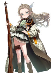 Rule 34 | 1girl, ascot, bolt action, boots, bullet, character request, closed mouth, coat, eiyuu senki, eiyuu senki ww, flat chest, floating hair, green ascot, green eyes, grey hair, gun, hair ornament, hand on own hip, highres, holding, holding gun, holding weapon, long hair, long sleeves, looking at viewer, mochi (circle rin), mosin-nagant, official art, open clothes, open coat, pointy ears, rifle, simple background, solo, standing, weapon, white background