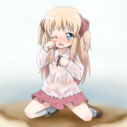 Rule 34 | 1girl, aged down, blonde hair, blue eyes, child, clenched hand, clenched hands, kneeling, mameshiba (pixiv 59310), open mouth, shoes, skirt, socks, solo, tears, toshinou kyouko, wet, white socks, yuru yuri