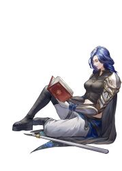 Rule 34 | 1girl, absurdres, armor, belt, blue hair, book, breasts, closed eyes, commission, dungeons &amp; dragons, gloves, highres, large breasts, long hair, midriff, open book, original, seneka grafika, shoulder armor, sitting, solo, toned, white background