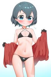Rule 34 | 1girl, absurdres, bikini, black bikini, black gloves, blue eyes, chis (js60216), commentary request, contrapposto, feet out of frame, flat chest, gloves, gradient background, grey hair, highres, kaban (kemono friends), kemono friends, open towel, red towel, short hair, solo, standing, swimsuit, white background