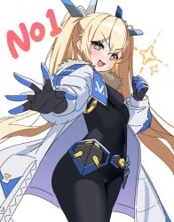 Rule 34 | + +, 1girl, :d, armored bodysuit, bandaid, bandaid on cheek, bandaid on face, black bodysuit, black gloves, blonde hair, blue eyes, blue gloves, bodysuit, breasts, clenched hand, coat, cowboy shot, fang, from side, fur collar, gloves, goddess of victory: nikke, headgear, highres, laplace (nikke), light blush, long hair, looking at viewer, noumin (nayusi99), open hand, open mouth, reaching, reaching towards viewer, sidelocks, skin tight, small breasts, smile, solo, star (symbol), twintails, two-tone gloves, white coat