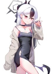 Rule 34 | 1girl, absurdres, black choker, black dress, black hair, black horns, blue archive, blush, choker, closed mouth, collarbone, cowboy shot, demon horns, demon wings, dress, dusu (htkj), grey hair, grey halo, grey jacket, halo, highres, horns, jacket, kayoko (blue archive), kayoko (dress) (blue archive), long hair, long sleeves, looking at viewer, multicolored hair, official alternate costume, open clothes, open jacket, purple wings, red eyes, simple background, single wing, solo, v, white background, wings