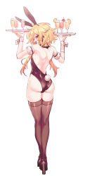 Rule 34 | 1boy, absurdres, alcohol, animal ears, ass, blonde hair, bob cut, ear piercing, envy elika (koyashaka), fake animal ears, high heels, highres, koyashaka, leotard, male focus, male playboy bunny, original, pale skin, piercing, playboy bunny, playboy bunny, rabbit ears, rabbit tail, revealing clothes, tail, thighhighs, trap, tray, yellow eyes