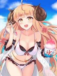 Rule 34 | 1girl, ahoge, anila (granblue fantasy), anila (summer) (granblue fantasy), arlonn, bare shoulders, belly chain, bikini, black bikini, blonde hair, blue sky, blush, breasts, cleavage, collarbone, cup, detached sleeves, draph, food, granblue fantasy, horns, jewelry, large breasts, layered bikini, leaning forward, long hair, looking at viewer, navel, open mouth, shaved ice, sheep horns, short eyebrows, sky, smile, spoon, swimsuit, thighs, very long hair, white bikini, wide sleeves, yellow eyes