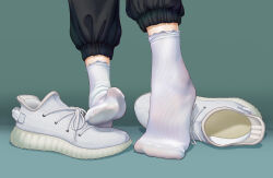 Rule 34 | 1girl, absurdres, black pants, chinese commentary, close-up, feet, feet only, foot focus, green background, haishenwai, highres, no shoes, original, out of frame, paid reward available, pants, ribbed socks, shadow, shoelaces, shoes, sneakers, socks, soles, solo, standing, toes, unworn shoes, white footwear, white socks