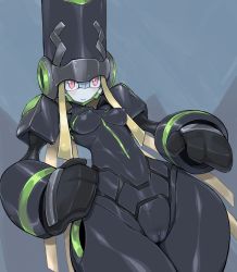 Rule 34 | 1girl, black skin, blush, breasts, cleft of venus, closed mouth, colored skin, cowboy shot, darling in the franxx, genista (darling in the franxx), medium breasts, mittens, nipples, pink eyes, pochincoff, pussy, robot, small breasts, smile, solo