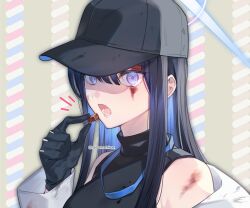 Rule 34 | 1girl, baseball cap, black gloves, black hair, black hat, black shirt, blood, blood on face, blue archive, blue eyes, blue hair, breasts, bruise, chocolate, coat, dirty, dirty clothes, eating, food, gloves, hand up, hat, holding, holding food, injury, long hair, looking at viewer, medium breasts, multicolored hair, natsumachisan, no mask, open mouth, portrait, saori (blue archive), shirt, sleeveless, sleeveless shirt, two-tone hair, white coat