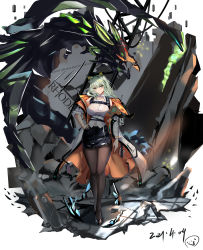 Rule 34 | 1girl, absurdres, alternate breast size, animal ear fluff, animal ears, arknights, arm at side, bare shoulders, black footwear, black legwear, black skirt, blush, breasts, cat ears, closed mouth, coat, collarbone, dated, english text, full body, green eyes, green hair, hand on own hip, high heels, highres, kal&#039;tsit (arknights), large breasts, long hair, long sleeves, looking at viewer, material growth, miniskirt, mon3tr (arknights), monster, navel, off shoulder, open clothes, open coat, oripathy lesion (arknights), pencil skirt, rock, sabou san-shitsu kokoro, shirt, signature, skirt, smile, solo, standing, test tube, thigh gap, white coat, white shirt