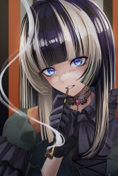 Rule 34 | 1girl, black choker, black dress, black gloves, black hair, blue eyes, blunt bangs, choker, dress, gloves, gothic lolita, grey hair, highres, holding, holding smoking pipe, hololive, hololive dev is, juufuutei raden, kz6cz, lace-trimmed choker, lace trim, lolita fashion, long hair, looking at viewer, multicolored hair, sidelocks, smile, smoking pipe, solo, streaked hair, virtual youtuber