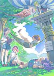 Rule 34 | 5girls, blonde hair, brown hair, cloud, day, closed eyes, glasses, grass, hair ornament, hairband, hammock, kneehighs, leg up, loafers, long hair, looking at another, looking down, lying, mountain, multiple girls, nature, necktie, nose bubble, on back, on ground, open mouth, original, outdoors, pillow, pink hair, pleated skirt, pomodorosa, purple hair, school uniform, shoes, short hair, side ponytail, skirt, sky, sleeping, smile, socks, squatting, standing, stopwatch, sweatdrop, tree, tree shade, treehouse, watch, white legwear