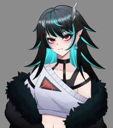 Rule 34 | 1girl, :3, black hair, black jacket, black tank top, blue hair, blush, breasts, closed mouth, commentary request, crop top, cropped sweater, demon girl, demon horns, earrings, fang, fang out, fur jacket, grey background, grey sweater, horns, jacket, jewelry, long hair, looking at viewer, multicolored hair, nanashi inc., navel, off shoulder, official alternate costume, pendramon, pointy ears, red eyes, shishio chris, shishio chris (2nd costume), simple background, single bare shoulder, small breasts, smile, solo, sugar lyric, sweater, tank top, two-tone hair, upper body, virtual youtuber