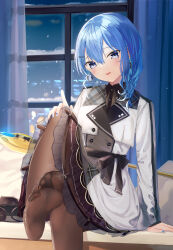 Rule 34 | 1girl, blue eyes, blue hair, feet, hand on own knee, highres, hololive, hoshimachi suisei, hoshimachi suisei (maid), kou futoshi, light blush, long hair, looking at viewer, pantyhose, parted lips, shoes, soles, steam, toes, unworn shoes, virtual youtuber, window