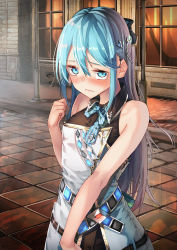 Rule 34 | 1girl, bare arms, blue eyes, blue hair, blush, bow, bowtie, breasts, building, cross, dress, embarrassed, flying sweatdrops, gradient hair, hair between eyes, hair ornament, half updo, highres, lamppost, long hair, looking at viewer, multicolored hair, nose blush, original, outdoors, pavement, pink hair, road, saraki, sleeveless, sleeveless dress, small breasts, solo, street, striped bow, striped bowtie, striped clothes, striped neckwear, wavy mouth, window, wing collar, x hair ornament