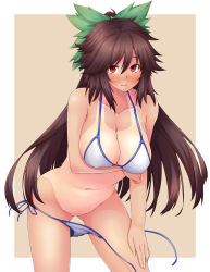 Rule 34 | 1girl, ao banana, bikini, bikini pull, blush, bottomless, breasts, brown eyes, brown hair, cat, censored, clothes pull, convenient censoring, covered erect nipples, female focus, highres, jpeg artifacts, large breasts, long hair, looking at viewer, necktie, no wings, red eyes, reiuji utsuho, side-tie bikini bottom, smile, solo, striped necktie, striped neckwear, swimsuit, tan, tanline, touhou, untied, very long hair