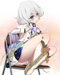 Rule 34 | 10s, 1girl, blue eyes, blush, boots, bow, bowtie, chair, idol, konno junko, long sleeves, low twintails, manohiro yuki, parted lips, sitting, skirt, solo, twintails, white hair, zombie land saga