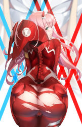 Rule 34 | 1girl, artist name, ass, blush, bodysuit, butt crack, cameltoe, darling in the franxx, from behind, gainoob, green eyes, highres, huge ass, long hair, looking at viewer, looking back, pink hair, pussy, red bodysuit, skin tight, smile, solo, torn clothes, zero two (darling in the franxx)