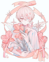 Rule 34 | 1boy, absurdres, androgynous, angel, angel wings, bandages, bandaid, choker, double halo, eyepatch, flower, halo, highres, male focus, one eye covered, original, pale skin, pink eyes, pink hair, pink theme, ribbon, tulip, umeshush, wings