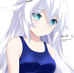 Rule 34 | 1girl, aqua eyes, bare shoulders, black heart (neptunia), blue one-piece swimsuit, blush, breasts, cleavage, collarbone, competition swimsuit, keenh, long hair, looking at viewer, medium breasts, neptune (series), noire (neptunia), one-piece swimsuit, smile, swimsuit, symbol-shaped pupils, upper body, very long hair, white background, white hair