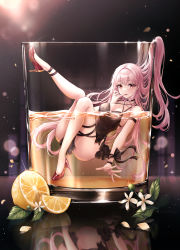Rule 34 | 1girl, absurdres, alcohol, black dress, blush, breasts, cleavage, cup, dress, finger to mouth, food, fruit, high heels, highres, in container, in cup, lemon, long hair, looking at viewer, medium breasts, mole, mole under eye, open mouth, original, partially submerged, pink eyes, pink hair, pippin (pippin sol), reflection, solo, thighs, whiskey