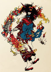 Rule 34 | 1girl, back bow, black hair, blue bow, bow, brown background, dragon, eastern dragon, eyeshadow, fire, from behind, highres, horns, japanese clothes, kimono, makeup, matches, original, pointy ears, profile, red eyes, sandals, sharp toenails, simple background, single horn, skeleton, solo, toenails, yamakita higashi