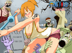 Rule 34 | 1girl, 3boys, assisted exposure, bandages, bare shoulders, bird, blush, breasts, cleavage, clothes pull, copyright name, cowboy shot, cross, date range, flying, graveyard, halterneck, high ponytail, highres, medium breasts, multiple boys, nami (one piece), one eye closed, one piece, orange hair, outdoors, panties, pants, pants pull, pink panties, r.i.p., shirt pull, short hair, shorts, shorts pull, shoulder tattoo, skull and crossbones, stitches, tattoo, teeth, thriller bark, tombstone, tree, underwear, weapon, wince, zombie