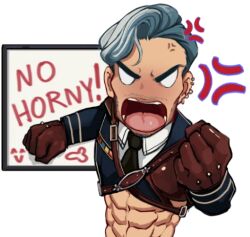 Rule 34 | 1boy, abs, anger vein, bara, chibi, clenched hand, ear piercing, elijah antaios, facing viewer, fairytale police hoe department, gloves, idoraad, looking at viewer, male focus, meme, multiple piercings, muscular, muscular male, necktie, no horny (meme), open mouth, piercing, teeth, thick eyebrows, tongue, transparent background, upper body, whiteboard