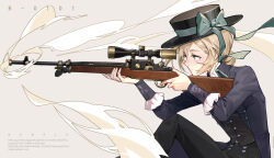 Rule 34 | 1girl, aiming, aqua bow, aqua ribbon, beishang yutou, black coat, black hat, black pants, black vest, blonde hair, boater hat, bow, buttons, closed mouth, coat, collared coat, collared shirt, double-breasted, english text, expressionless, feet out of frame, finger on trigger, from side, grey background, gun, hair bun, hat, hat bow, hat ribbon, heart button, high-waist pants, highres, holding, holding gun, holding weapon, kalashnikov rifle, long sleeves, looking ahead, on one knee, open clothes, open coat, pants, profile, reverse:1999, ribbon, scope, shirt, simple background, single hair bun, sleeve cuffs, smoke, swept bangs, vertin (reverse:1999), vest, weapon, white shirt