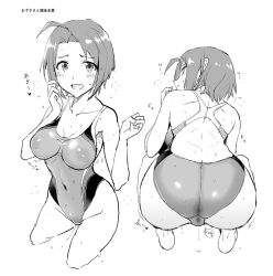 Rule 34 | 1girl, :d, ahoge, anus, ass, back, blush, breasts, cleavage, competition swimsuit, covered erect nipples, covered navel, dokuro-san, greyscale, idolmaster, idolmaster (classic), long hair, miura azusa, monochrome, multiple views, one-piece swimsuit, open mouth, pussy juice, pussy juice drip through clothes, short hair, side ponytail, simple background, smile, squatting, swimsuit, wet, white background