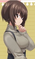 Rule 34 | 10s, 1girl, ashiwara yuu, black skirt, brown eyes, brown hair, brown sweater, casual, commentary, girls und panzer, hand on own chin, long sleeves, looking at viewer, nishizumi maho, notepad, parted lips, short hair, skirt, smile, solo, standing, suspender skirt, suspenders, sweater, turtleneck, upper body