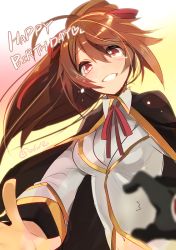 Rule 34 | 1girl, bad id, bad twitter id, blazblue, blush, bow, brown eyes, brown hair, cape, celica a. mercury, gradient background, happy birthday, hyakuhachi (over3), navel, ponytail, ragna the bloodedge, smile, solo, tears, teeth