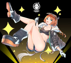 Rule 34 | 1girl, :d, absurdres, arknights, ass, bandeau, bare legs, bare shoulders, black jacket, blue eyes, breasts, collarbone, croissant (arknights), crop top, denim, denim shorts, fang, fur trim, gloves, highres, horns, jacket, kongbai, long hair, long sleeves, looking at viewer, midriff, open clothes, open jacket, open mouth, orange hair, panties, pink panties, shoes, short shorts, shorts, sleeveless, small breasts, smile, solo, sparkle, stomach, thighs, thumbs up, underwear, upshorts, visor cap
