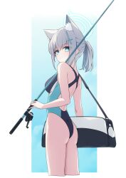 Rule 34 | 1girl, absurdres, animal ear fluff, animal ears, ass, bag, black one-piece swimsuit, blue archive, blue eyes, breasts, commentary request, competition swimsuit, covered navel, cross hair ornament, extra ears, fishing rod, from behind, grey hair, hair ornament, halo, highleg, highleg swimsuit, highres, looking at viewer, low ponytail, medium breasts, medium hair, mismatched pupils, multicolored clothes, multicolored swimsuit, official alternate costume, one-piece swimsuit, projectorzero, shiroko (blue archive), shiroko (swimsuit) (blue archive), solo, standing, swimsuit, wolf ears