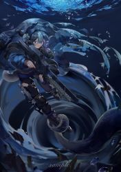 Rule 34 | 1girl, absurdres, animal ears, arknights, blue eyes, blue hair, blunt bangs, boots, bubble, chinese commentary, closed mouth, glaucus (arknights), highres, holding, holding weapon, jacket, long sleeves, magnetic weapon, pants, railgun, sample watermark, solo, tentacles, underwater, watermark, weapon, zhishihua