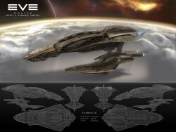 Rule 34 | 3d, amarr empire (eve online), cloud, commentary, concept art, copyright name, cruiser (eve online), eve online, fandersson1, flying, from side, glowing, horizon, in orbit, logo, military vehicle, multiple views, nebula, no humans, original, outdoors, planet, realistic, scenery, science fiction, space, spacecraft, spaceship, star (sky), thrusters, vehicle focus