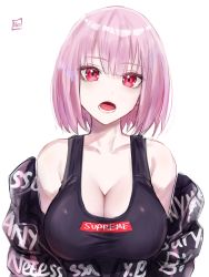 Rule 34 | 1girl, absurdres, alternate hairstyle, artist name, black jacket, black shirt, breasts, cleavage, clothes writing, commentary, drip (meme), english commentary, highres, hololive, hololive english, jacket, large breasts, looking at viewer, meme, mori calliope, o22no, off shoulder, open mouth, pink hair, red eyes, shirt, short hair, supreme (brand), virtual youtuber