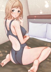 Rule 34 | 1girl, aga marino, ass, bare arms, bare legs, bare shoulders, barefoot, bed, black one-piece swimsuit, blush, brown eyes, brown hair, competition swimsuit, from behind, hand up, highres, idolmaster, idolmaster shiny colors, indoors, kneeling, looking at viewer, looking back, on bed, one-piece swimsuit, parted lips, pillow, sakuragi mano, solo, swimsuit, thighs