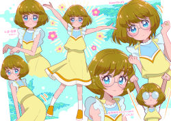 Rule 34 | 1girl, :&lt;, arms up, bare arms, blue background, blue eyes, blush, border, brown hair, clenched hands, commentary, cowboy shot, dancing, dress, expressionless, flower, frilled dress, frills, from side, full body, glasses, hibiscus, ichinose minori, jewelry, juugoya neko, light smile, looking at viewer, looking to the side, motion lines, multiple views, opaque glasses, outside border, precure, ring, round eyewear, short hair, sleeveless, sleeveless dress, socks, sparkle, translation request, triangle mouth, tropical-rouge! precure, upper body, white border, white legwear, yellow dress, yellow footwear