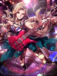 Rule 34 | 1girl, absurdres, animal print, aqua hair, bead bracelet, beads, belt, black nails, black pantyhose, blonde hair, boots, bracelet, breasts, brown eyes, cleavage, clothes around waist, crowd, earrings, electric guitar, furyou michi ~gang road~, grin, guitar, highres, instrument, jewelry, large breasts, leopard print, long hair, looking at viewer, multicolored hair, nail polish, necklace, official art, pantyhose, plectrum, ring, shorts, smile, solo focus, spiked bracelet, spikes, streaked hair, teeth, torn clothes, torn legwear, union jack, yd (orange maru)