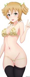 Rule 34 | 1girl, absurdres, arm at side, banana print, bare arms, bare shoulders, black thighhighs, blonde hair, blush, bra, breasts, collarbone, commentary, cowboy shot, daiba nana, fingernails, food print, gluteal fold, green eyes, green ribbon, groin, hair ribbon, halterneck, hand up, highres, looking at viewer, medium breasts, navel, open mouth, paid reward available, panties, panty pull, print bra, print panties, ribbon, roswell ss, short hair, short twintails, shoujo kageki revue starlight, simple background, skindentation, smile, solo, standing, stomach, strap gap, thigh gap, thighhighs, twintails, twitter username, underwear, underwear only, v, white background, yellow bra, yellow panties