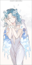 Rule 34 | 1girl, bishoujo senshi sailor moon, blue hair, bracelet, cape, character name, closed eyes, dress, flower, hair flower, hair ornament, interlocked fingers, jewelry, kaiou michiru, own hands clasped, own hands together, parted bangs, shamko, short hair, solo, white background, white dress, white theme